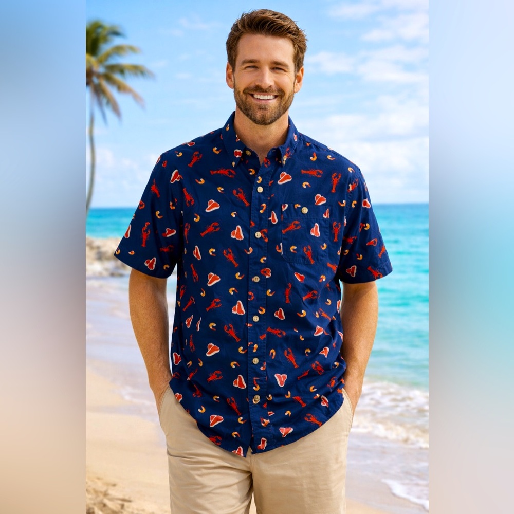 Duluth Trading Co Shirt Mens M Lobster Print Button Up Cotton Blue